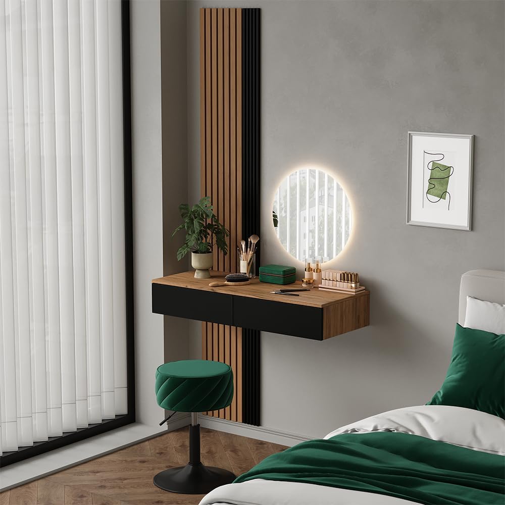 Vicco Schminktisch Melina, Eiche/Schwarz, 100 cm mit 2 Schubladen