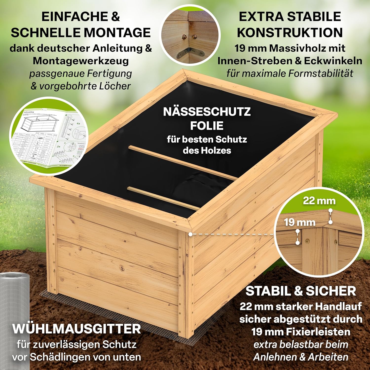 TTL GARDEN Lärchen-Hochbeet LARENA L 170x90x84cm - Garten Hochbeet aus Lärchen Holz - Hochbeet Kit & Kräuterbeet Set Bausatz mit Wühlmausgitter Lärchenholz wetterfest - für Gemüse Kräuter & Blumen