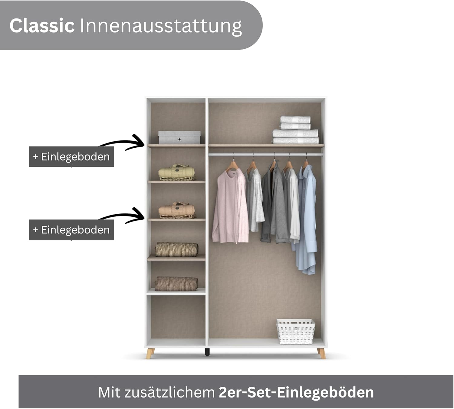 Rauch Möbel Shinjo Kleiderschrank für Schlafzimmer, Kinderzimmer, Babyzimmer, 3-türig, 2 Schubladen mit Zubehör Classic, Griffe und Füße aus Massivholz, Farbe Grau metallic, Schwarz, 140x203x53cm
