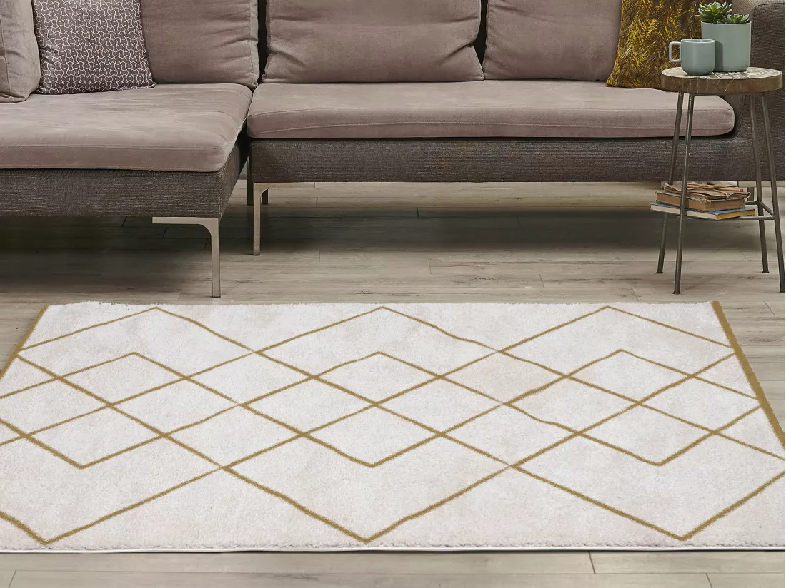 Tapis shaggy berbère - 200 x 290 cm - Blanc et doré - PRYSMI