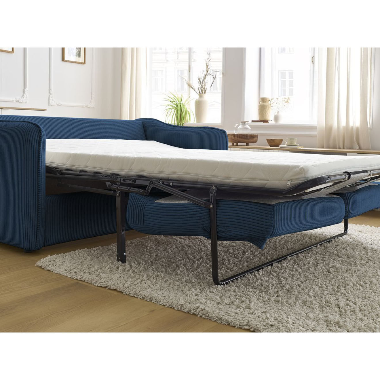 Bobochic Canapé droit convertible express en Velours côtelé 3 places Lenny bleu foncé - 178x102x89 cm