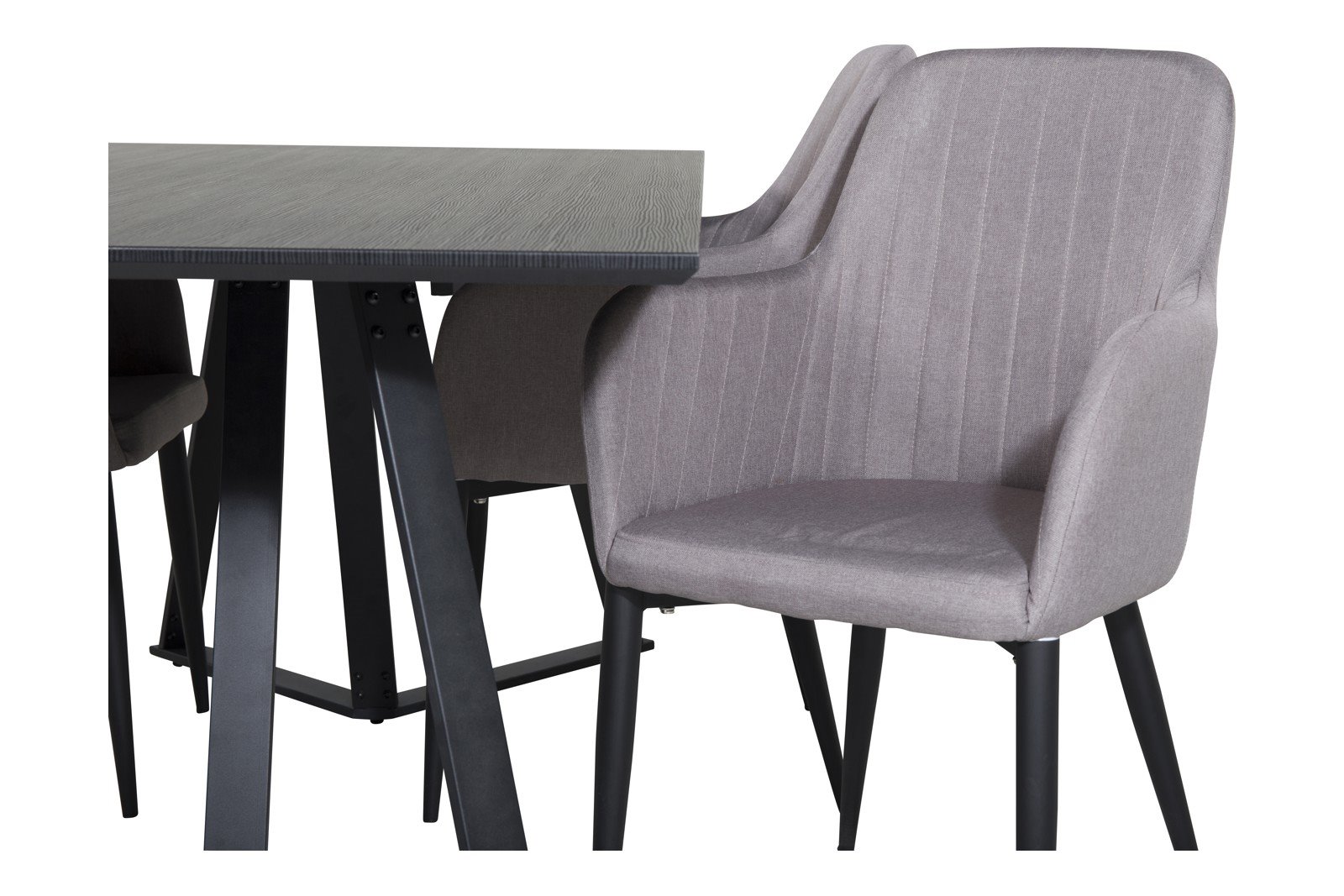 Marina og Comfort Spisegruppe Marina spisebord i sort med 4 stk. Comfort med arm spisestoler i Grå og sorte ben.