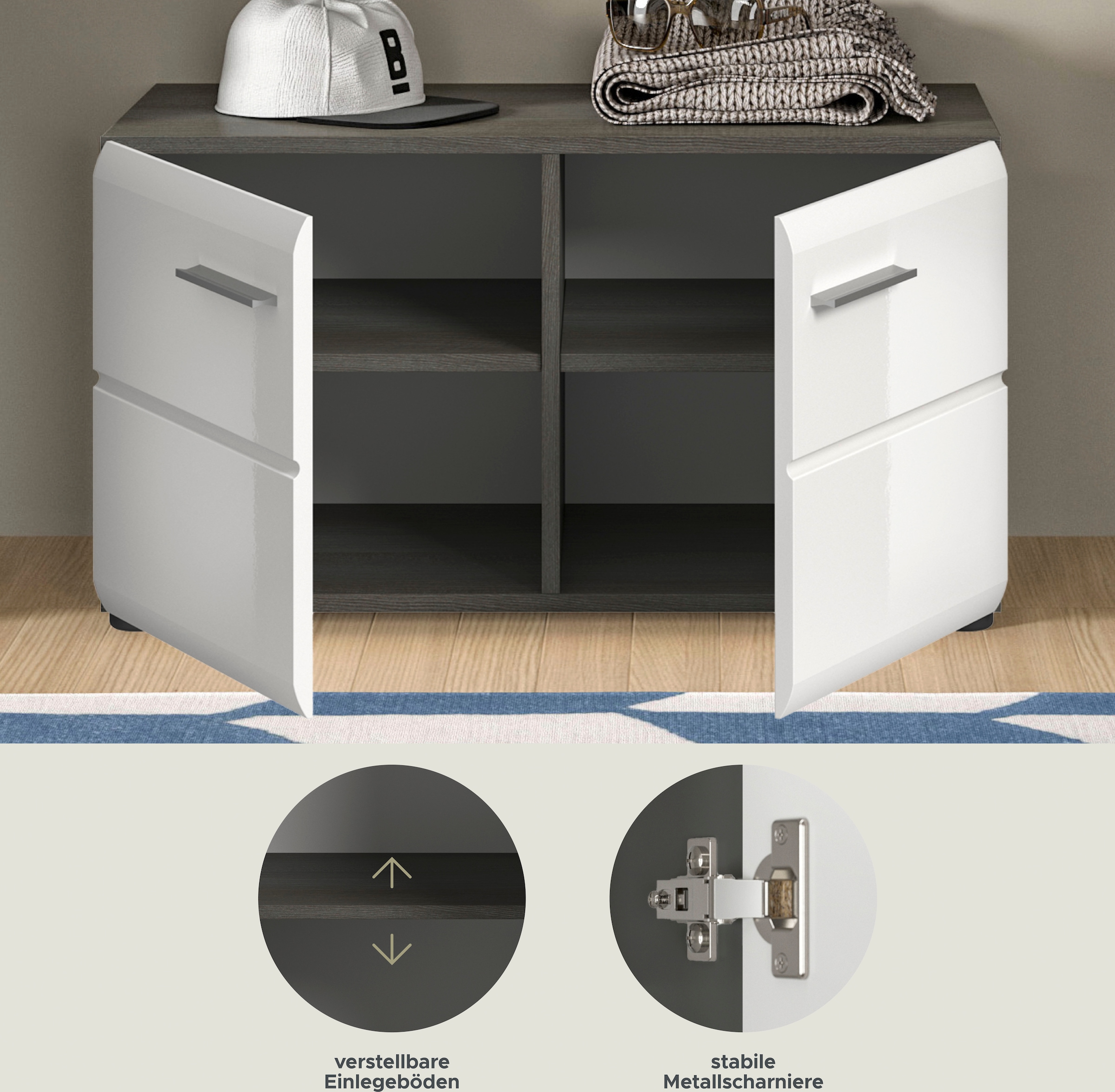 INOSIGN Sitzbank »Rumba, Breite 80cm, Hochglanz Front, 2 Türen, 2 Einlegeböden, 4 Fächer« Schuhbank, Schuhschrank, Flurbank, Flurmöbel