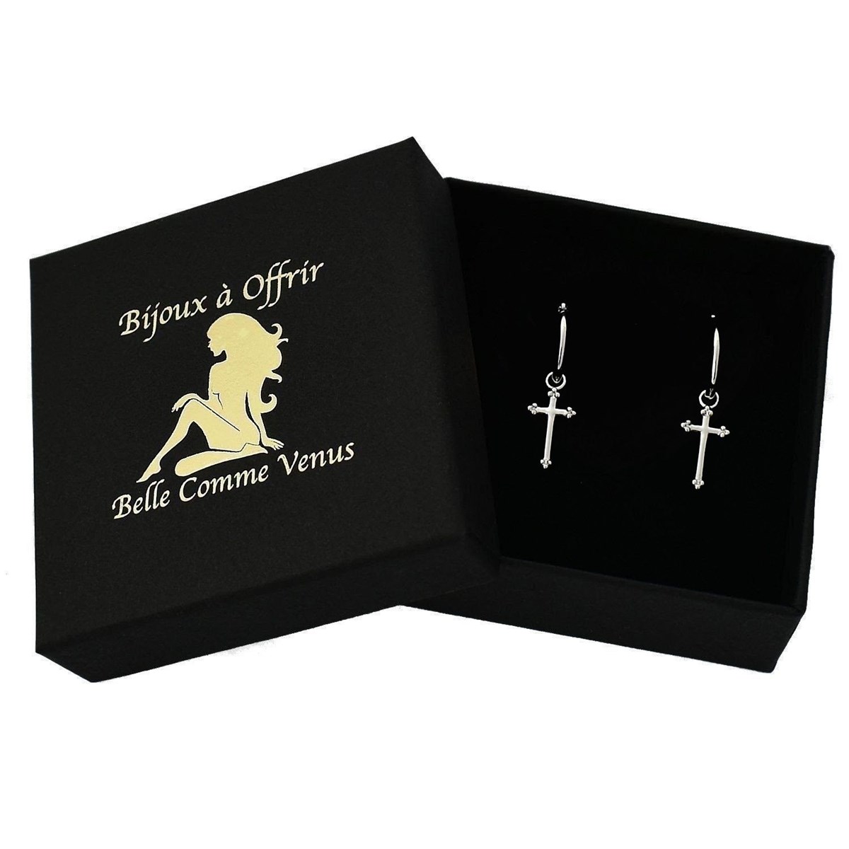 Boucles d'oreilles Mini Créoles croix pendante Argent 925 Rhodié