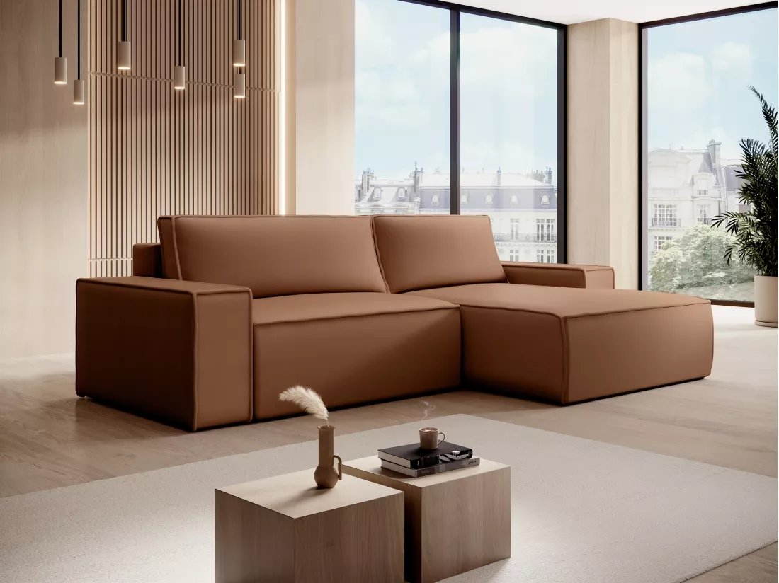 Canapé d'angle droit convertible en tissu effet cuir marron AMELIA