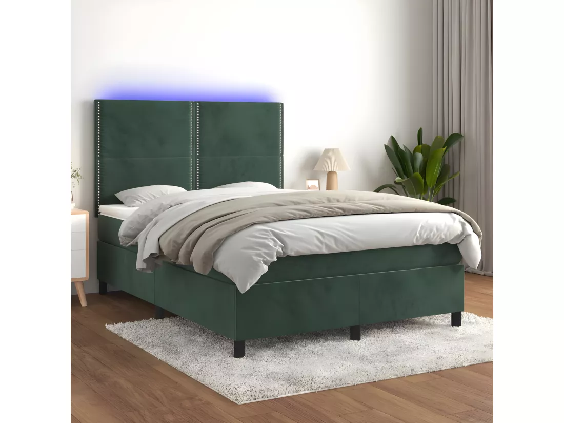 Sommier tapissier matelas et LED Vert foncé 140x200 cm Velours