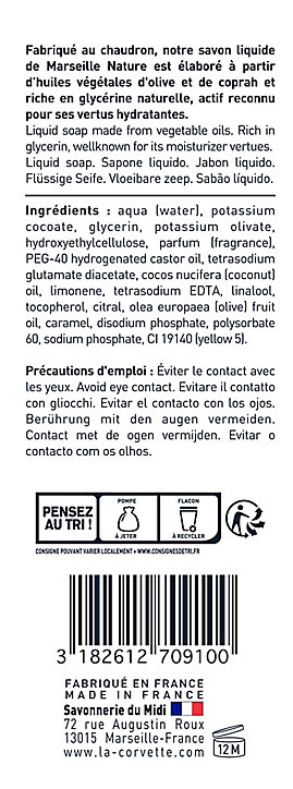 Savon de Marseille liquide La Corvette Savonnerie du midi nature 1L