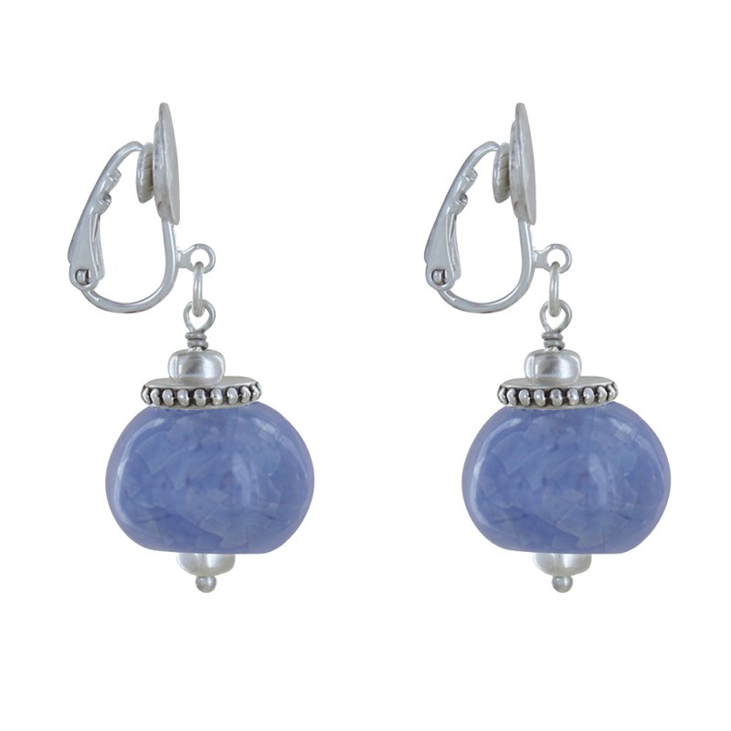 Boucles d'Oreilles Clip Métal Argenté et Grosses Perles en Céramique