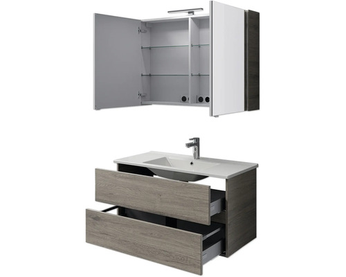 Badkamermeubelset Pelipal Cavallino (B x H x D 100 x 200 x 46 cm), frontkleur: Sanremo eiken, met witte keramische wastafel, badmeubel en spiegelkast met LED-verlichting