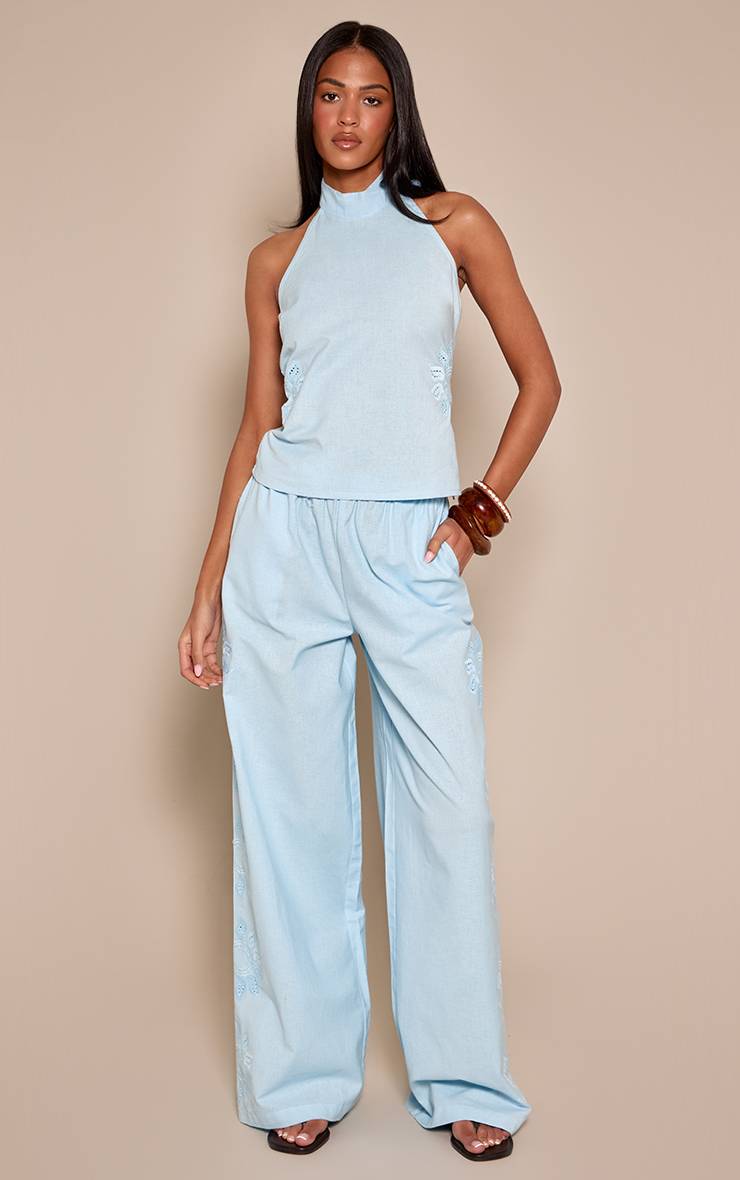 Bleu Pantalon Coordonné Tall En Coton Avec Détail Brodé Soleil