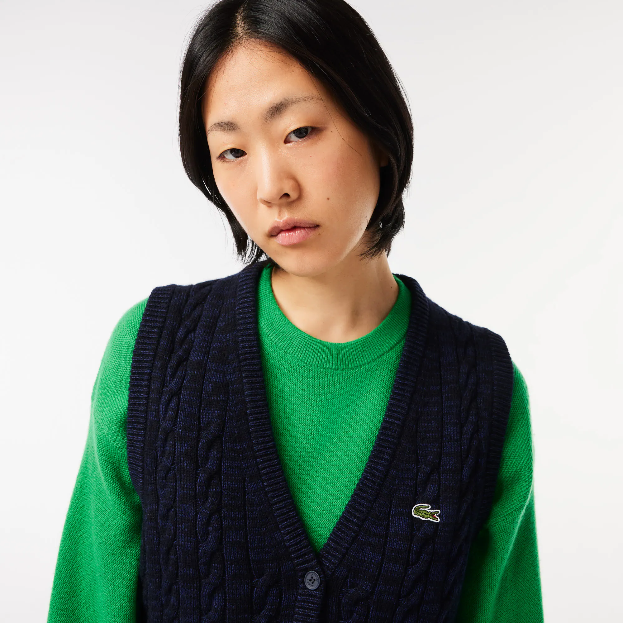 Weste im Zopfmuster aus Baumwoll-Woll-Mischung Pullover - Blau - Lacoste - Damen
