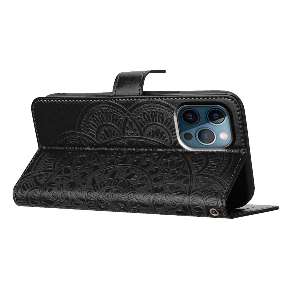 iPhone 16 Pro Leder Tasche Wallet - Mandala Flowers Imprint - Schwarz