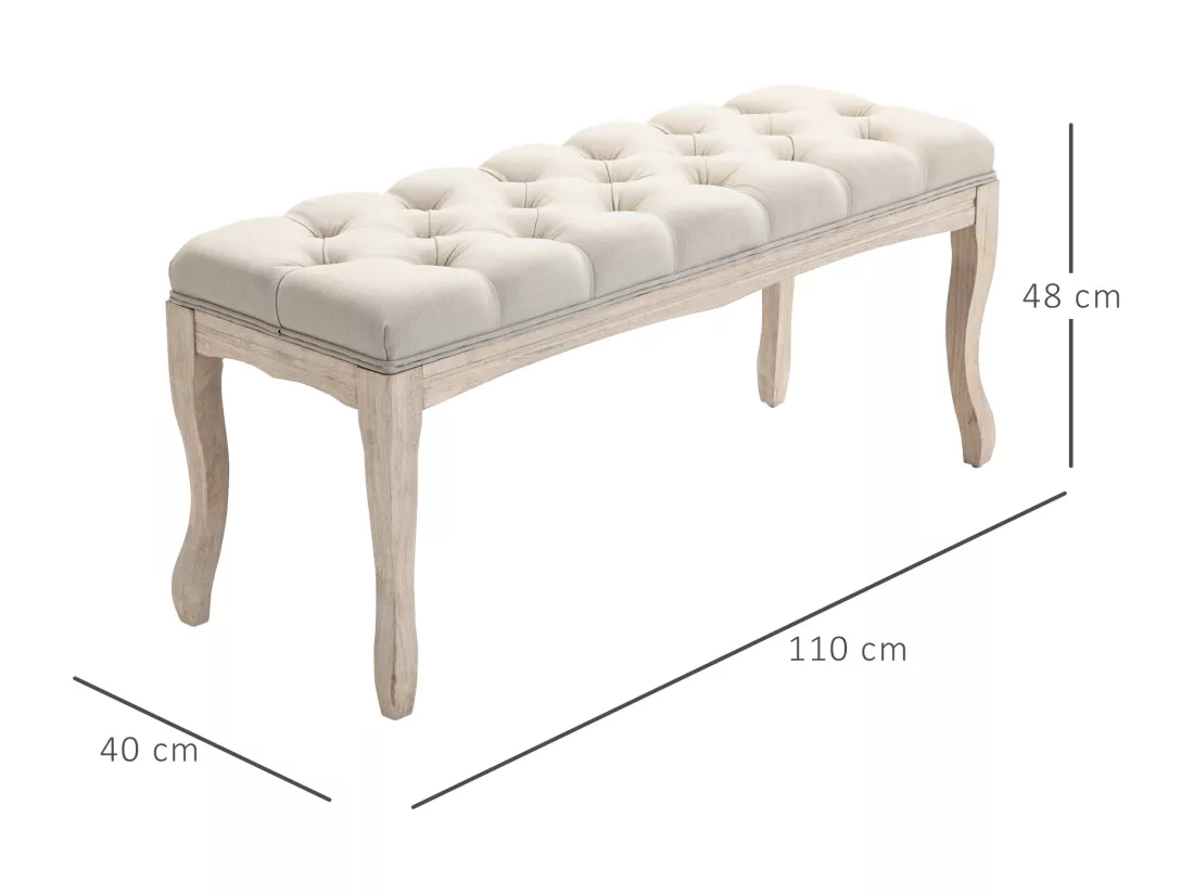 Banc banquette capitonnée style classique chic dim. 110L x 40l x 48H cm piètement bois hévéa sculpté lin beige