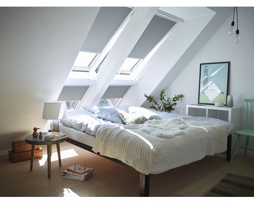 VELUX verduisterend rolgordijn, effen grijs, handbediend, wit frame, DKL C02 0705SWL