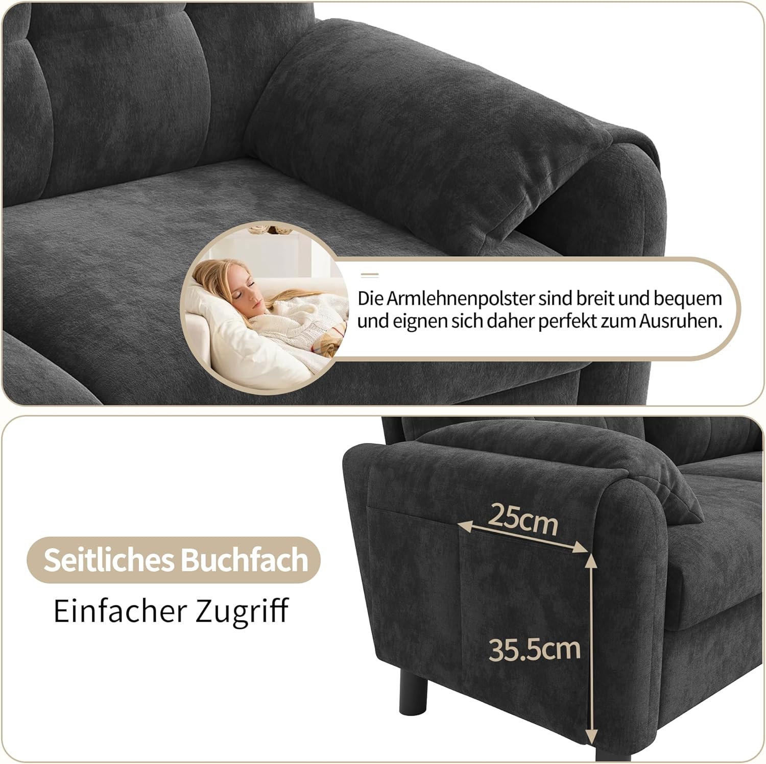 Sofa mit Schlaffunktion, Sofa 2 Sitzer, Bequemes Polstersofa aus Chenille Stoff mit Dicken Kissen, Gemütliche Couch für Wohnzimmer, Schlafzimmer, Kleine Wohnung, Grau