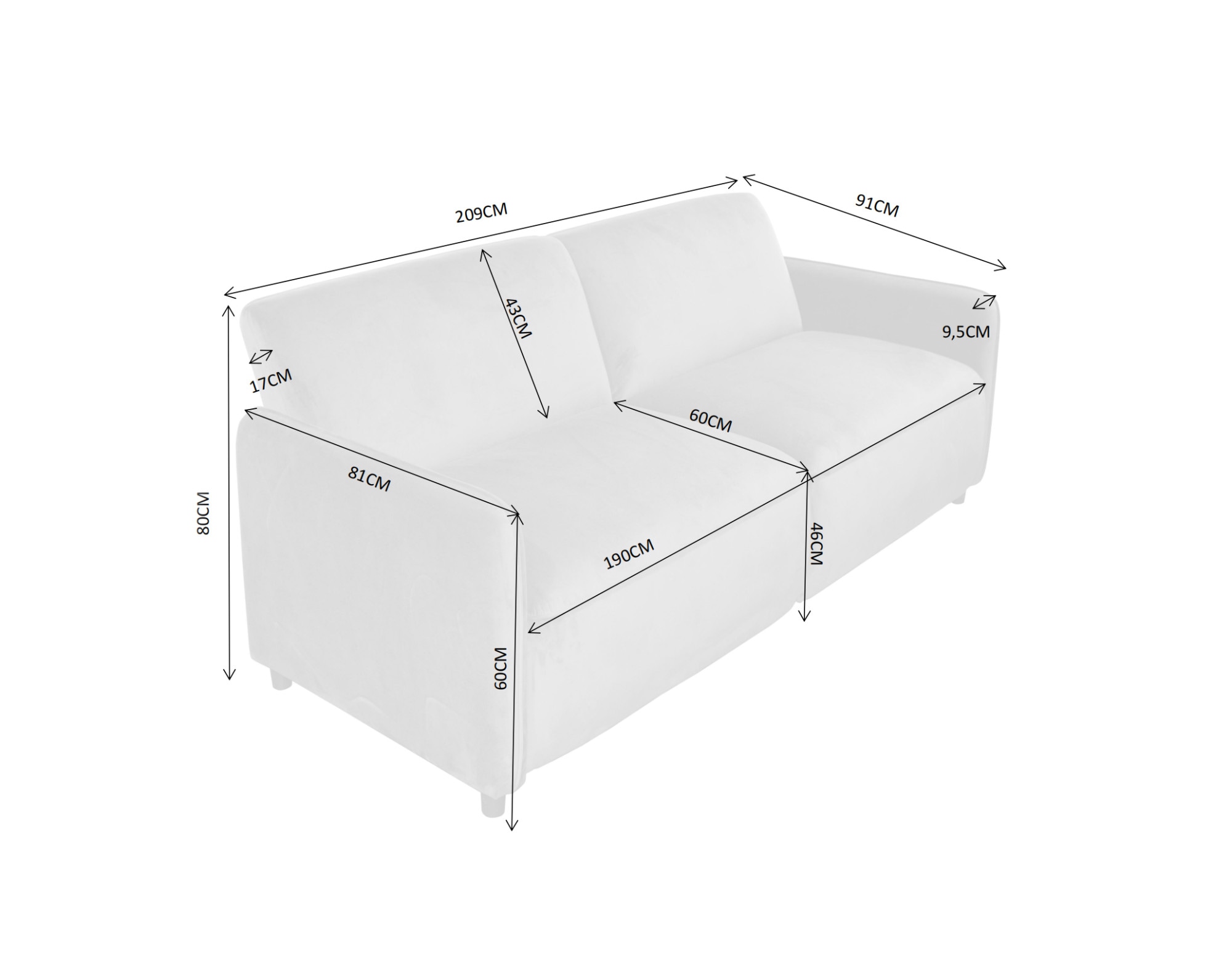 Dorel Home 3-Sitzer »Allie Curved Schlafsofa 209 cm« Bettfunktion (110/190), verstellbare Rückenlehne, Cord u. Velours