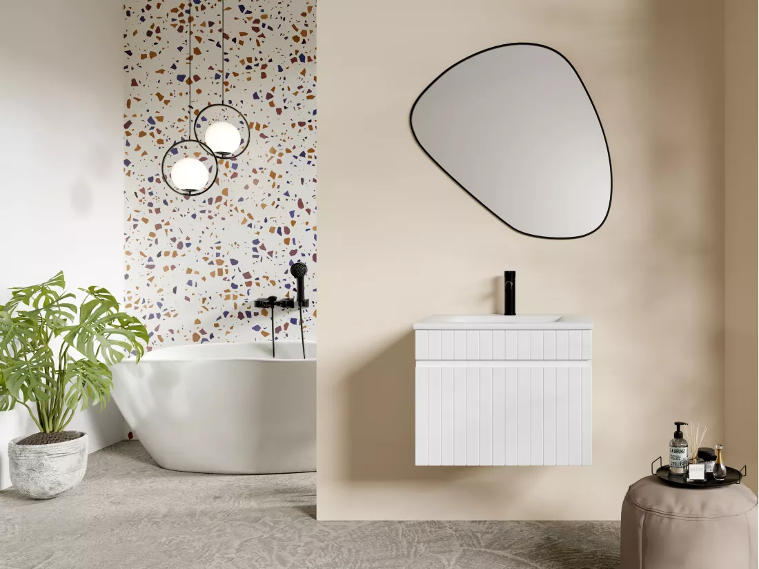 Meuble de salle de bain suspendu strié blanc avec vasque à encastrer - 60 cm - SATARA
