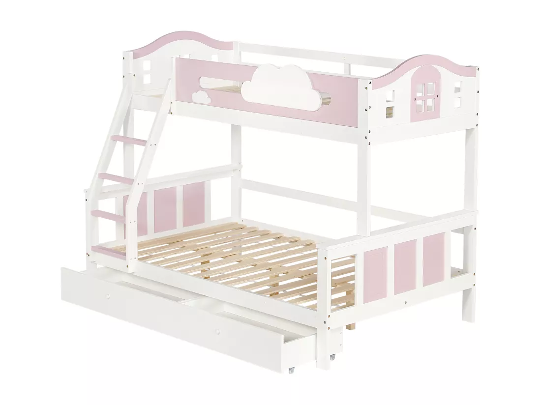 Lit superposé 90x200cm & 120x200cm - avec échelle et 2 tiroirs - en bois de pin et MDF - Blanc & Rose