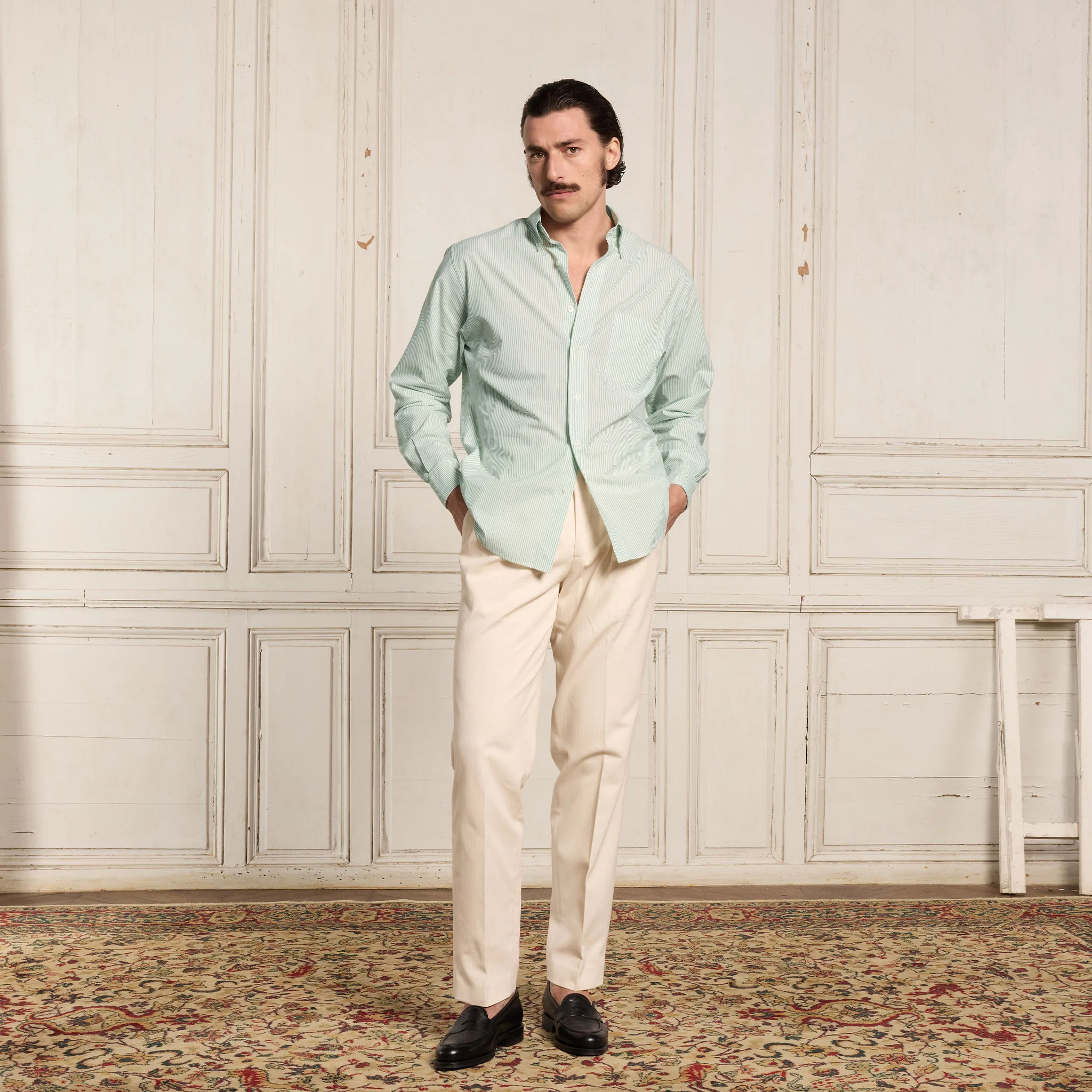Green striped poplin shirt