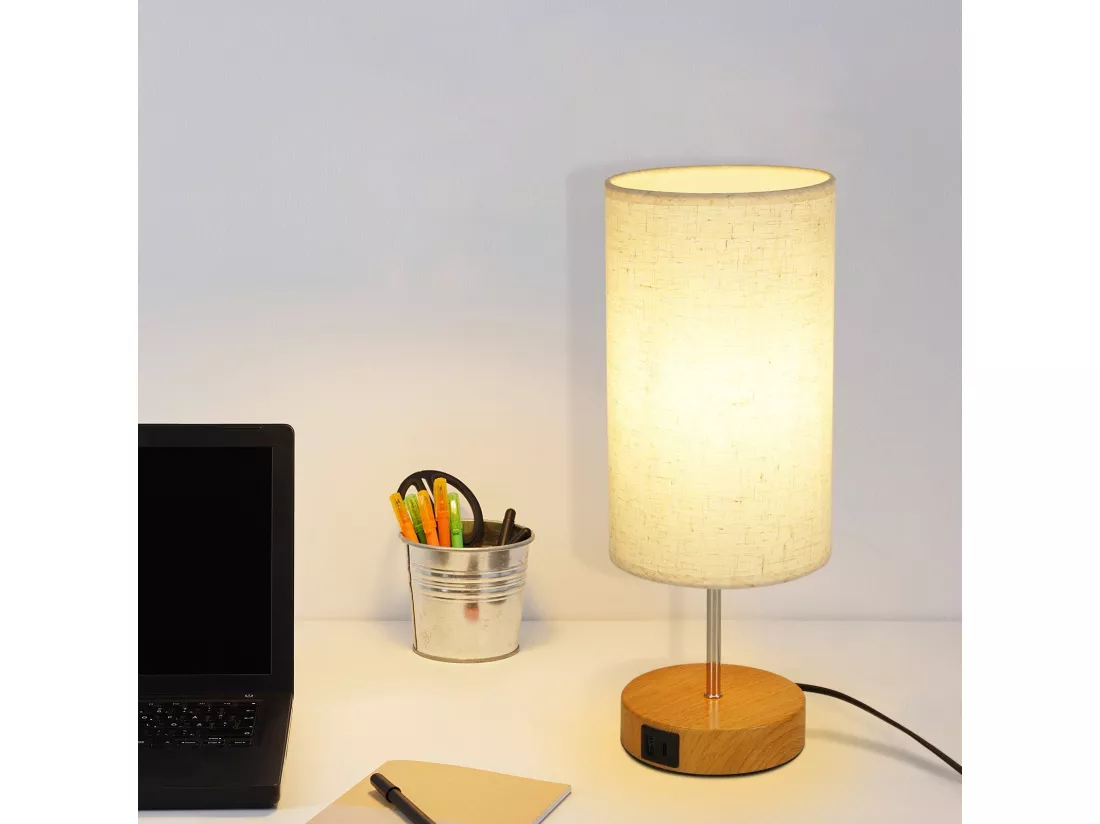 NETTLIFE Lampe de table tactile dimmable E27 abat-jour en tissu moderne avec fonction de chargement USB