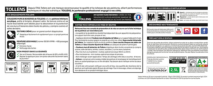 Peinture murs et boiseries Tollens bleu paon satin 2,5L