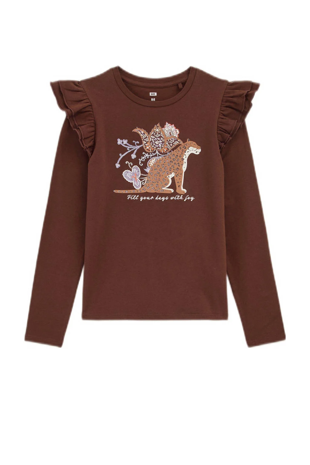 WE Fashion longsleeve met printopdruk en ruches bruin