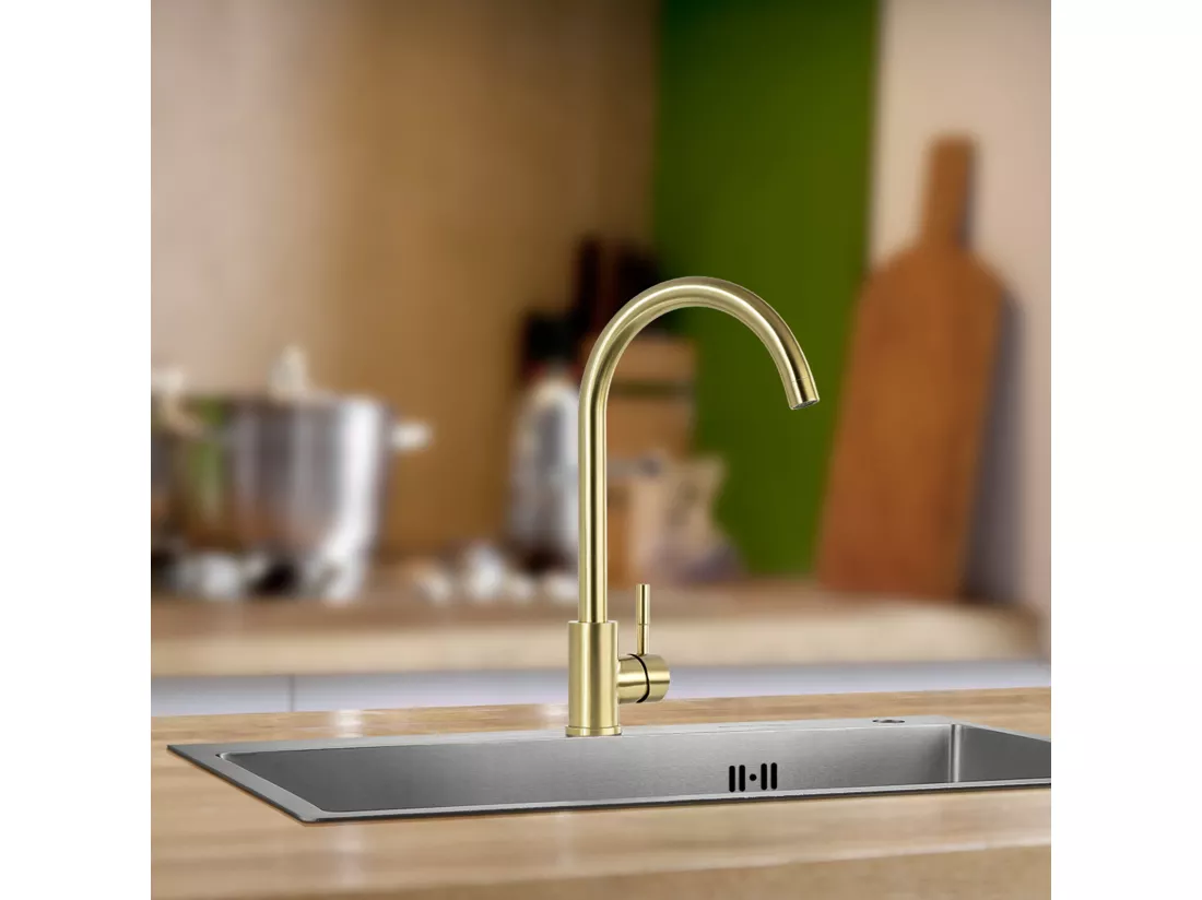 Mitigeur de Cuisine,Doré Brossé,Robinet Evier Rotatif à 360°,Robinet de Cuisine Acier Inox avec Aérateur Démontable,Eau Froide/Chaude,U-Forme