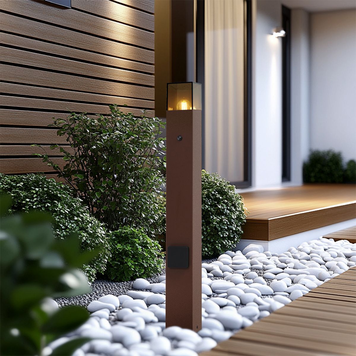 Industrieel buiten paaltje roestbruin met smoke glas 70cm met schemersensor IP44 - Denmark