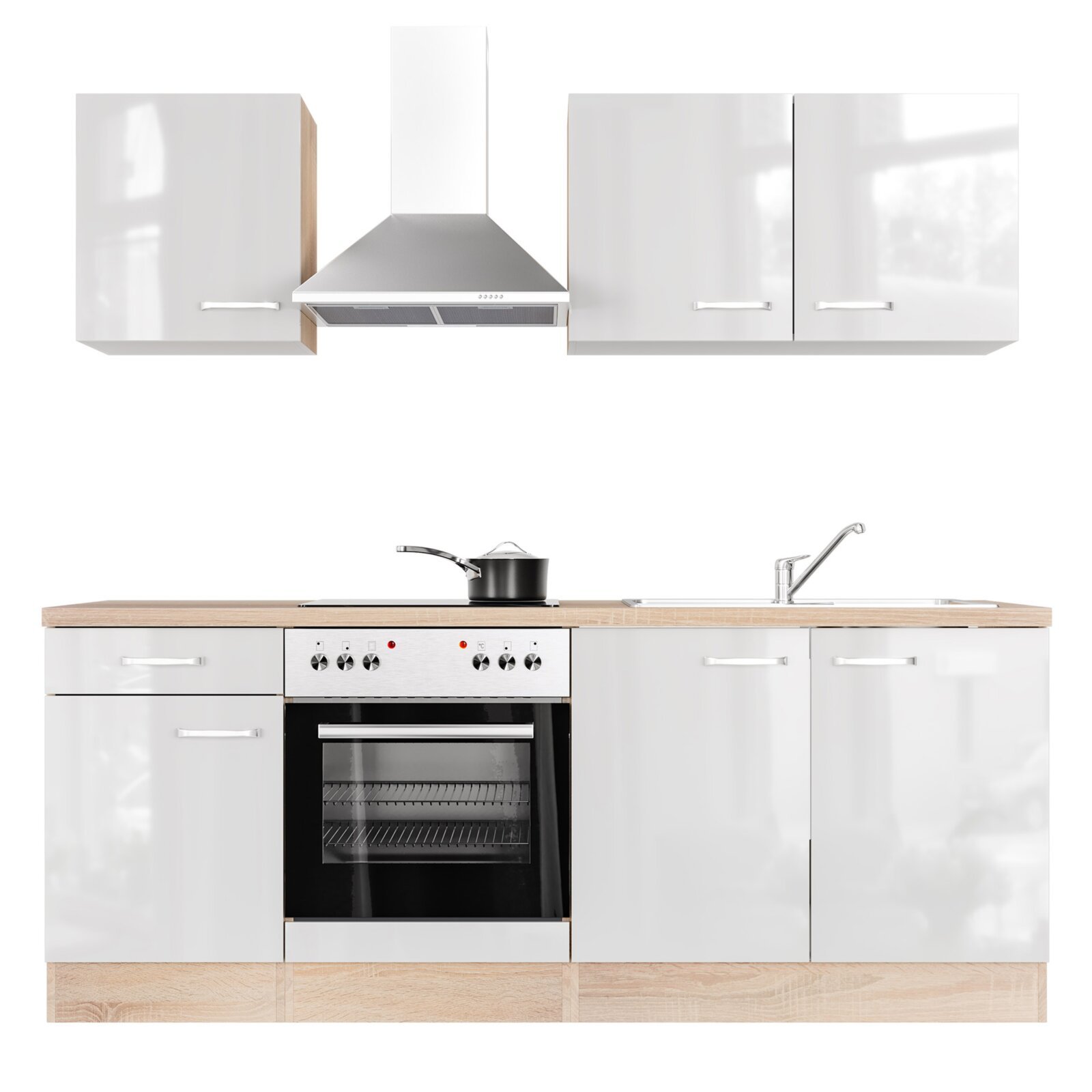 Küchenblock VALERO - weiß Hochglanz - Sonoma Eiche - mit E-Geräten - 210 cm
