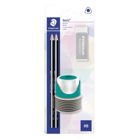 STAEDTLER® Bleistiftset Slim Pastel mit 2 Noris Bleistiften HB, 2-Loch Spitzdose und Radierer, sortiert