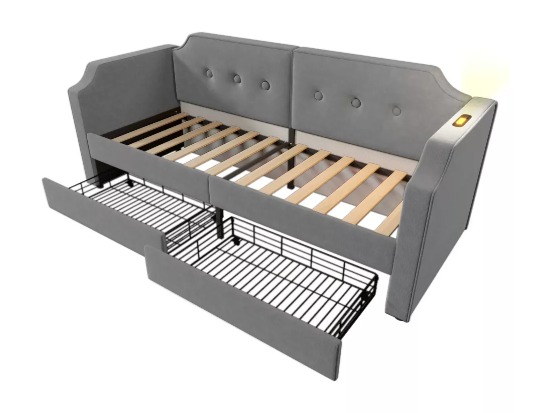 Lit banquette 90x200cm en velours - avec fonction recharge et LED - avec sommier à lattes - Gris