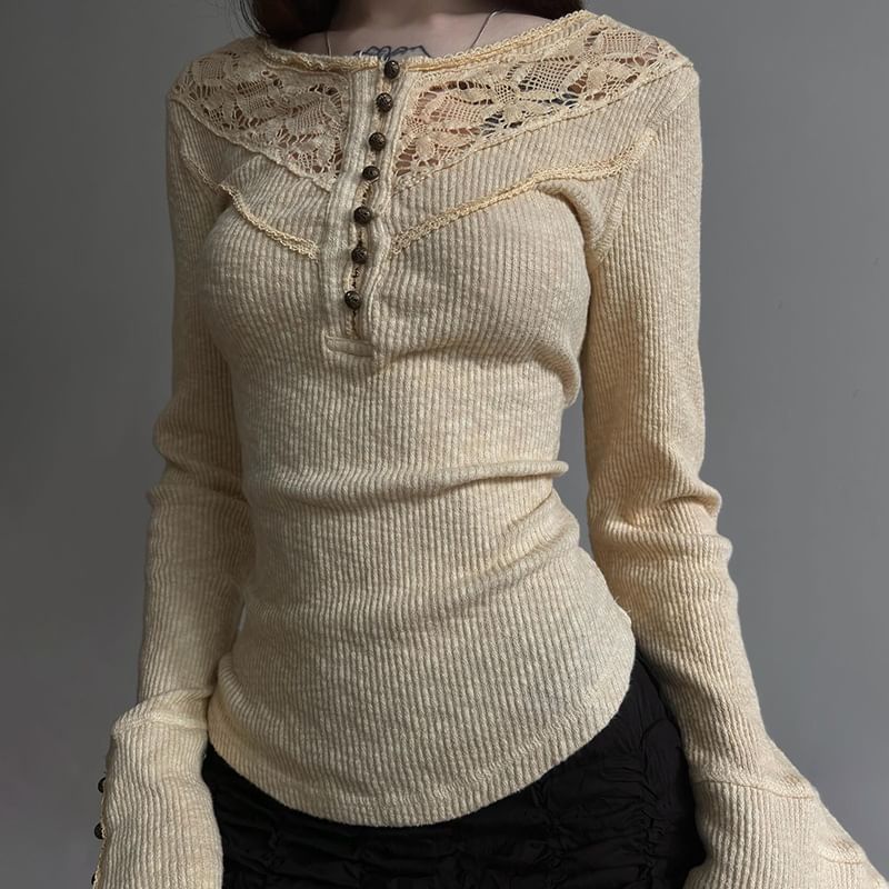 Sosana - Geribbelde, slim-fit top met lange mouwen, kantpaneel en halve knoopjes