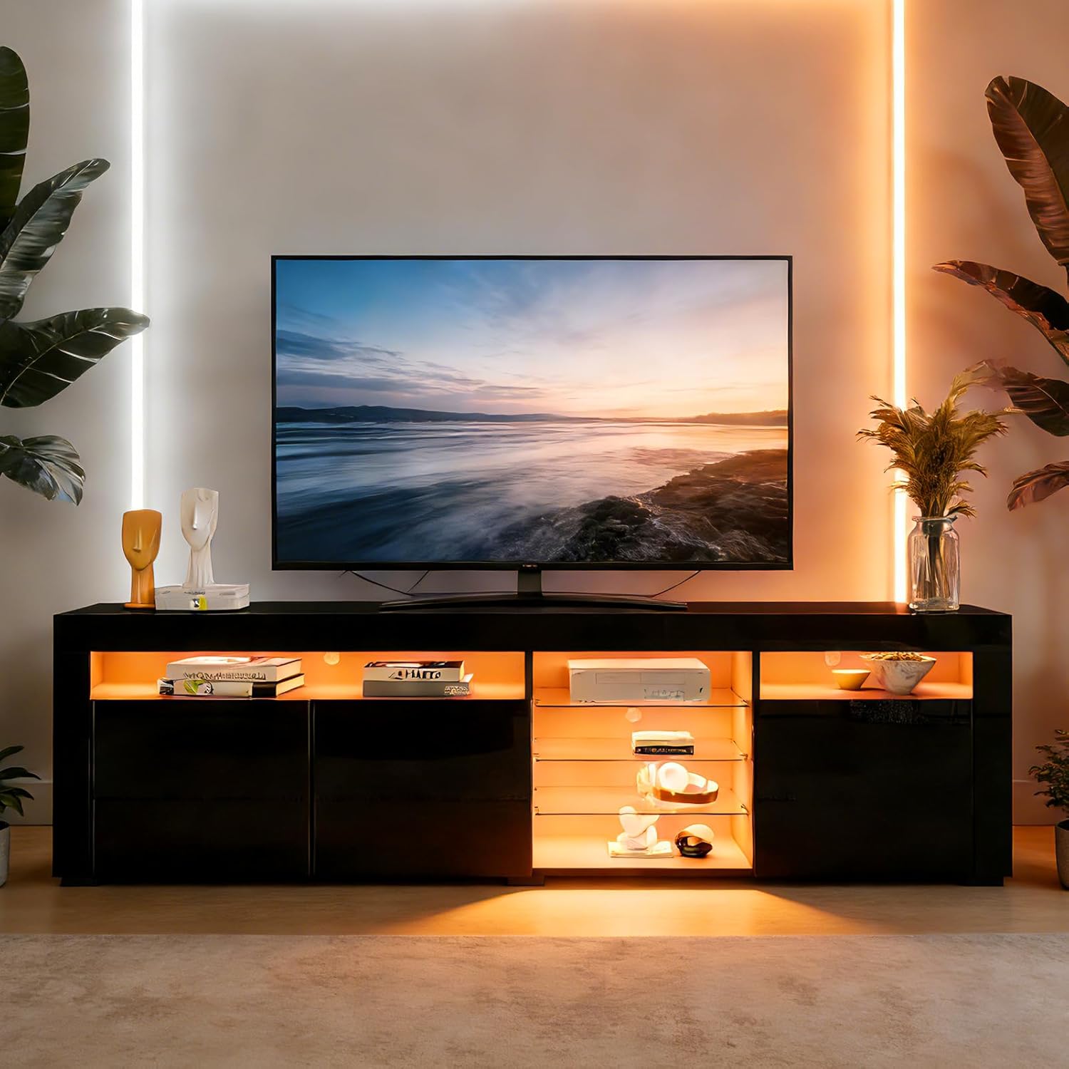 LED Fernsehschrank Modern Hochglanz mit 3 Türen + Glasböden, TV-Board für TV (180x35x53 cm) – Stauraum Möbel für Wohnzimmer, Schwarz