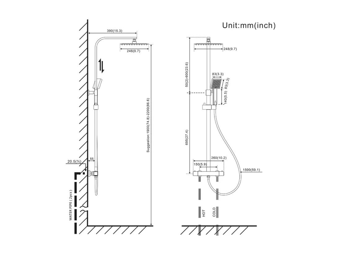 Colonne de Douche avec Mitigeur Thermostatique 2 Fonctions Ensemble de Douche avec Douchette de tête de 9 pouces, Haute Réglable, Salle de Bain,Noir