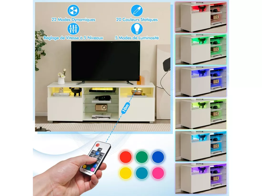 Meuble tv avec éclairage led 20 couleurs, 2 compartiments, meuble pour tv 60