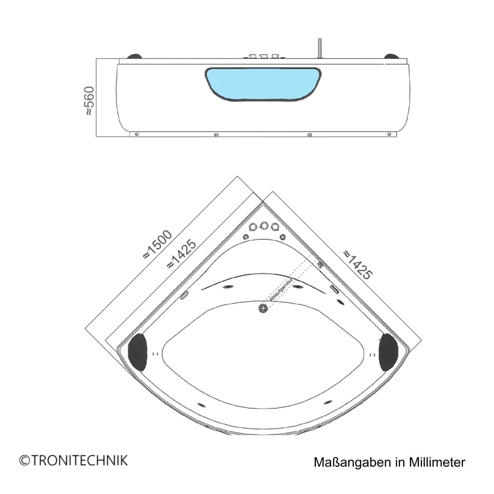 TroniTechnik® Whirlpool Badewanne Eckwhirlpool PAROS 150cm x 150cm, vormontiert, Acrylwanne 2 Pers., 12 Düsen, Sanitäracryl