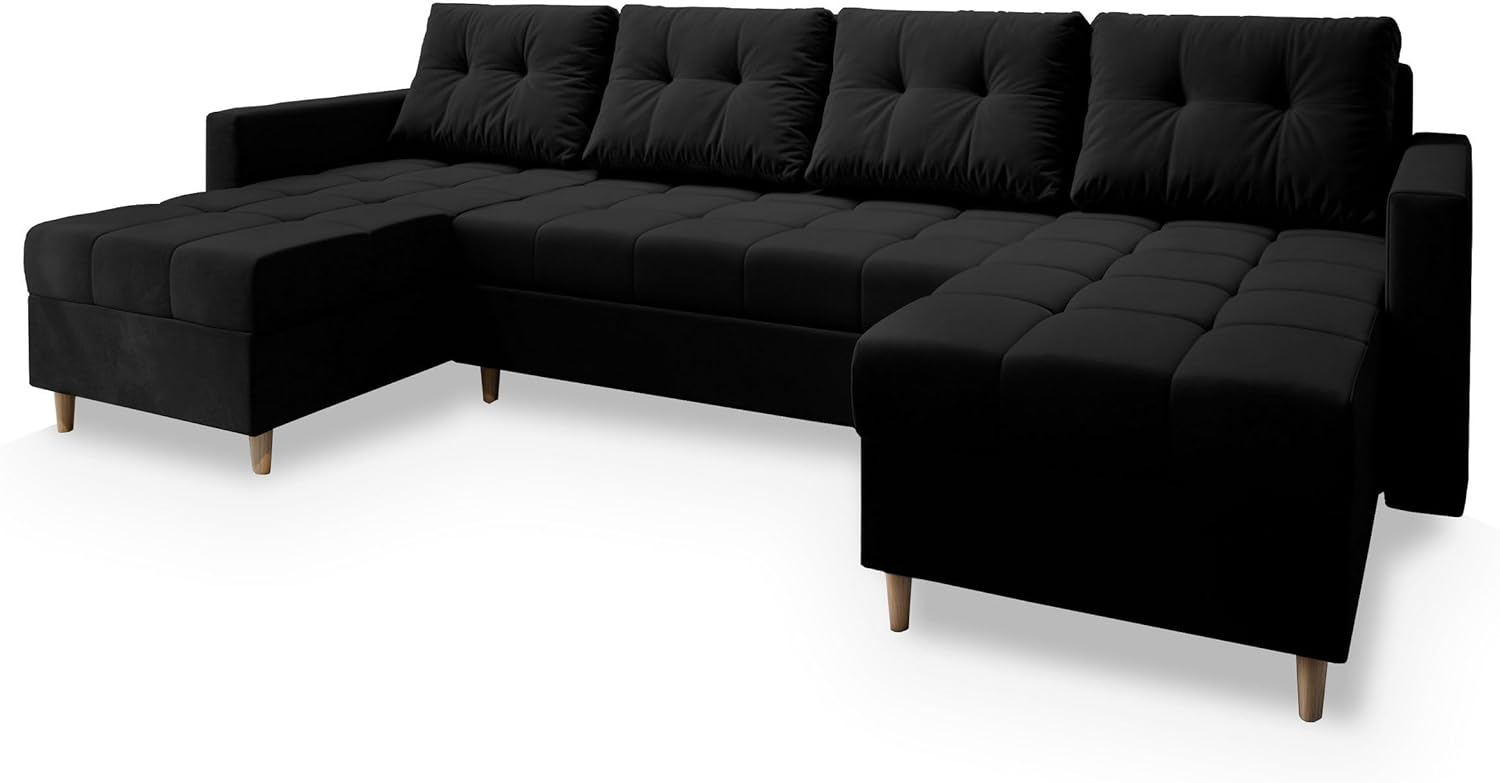 Masseno Ecksofa Milo U mit Schlaffunktion U-Form, Sofa mit Bettkasten, Wohnzimmersofa, Couch, Soffa, Bettsofa, Couchgarnitur- Schwarz, Kronos 07