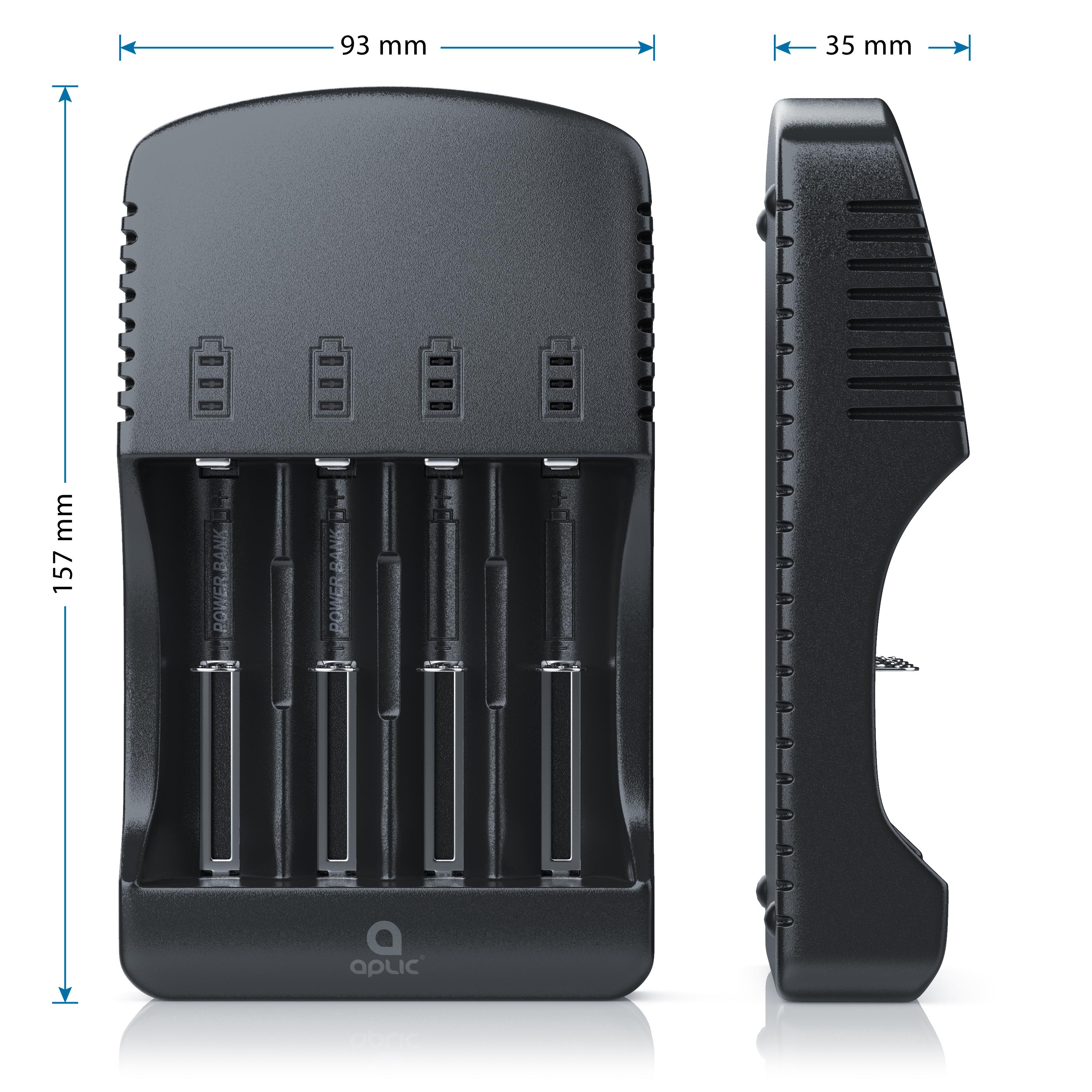 Aplic Batterie-Ladegerät 2000 mA, Universal Akku Ladegerät mit USB Powerbankfunktion, 4x Aufladeschächte