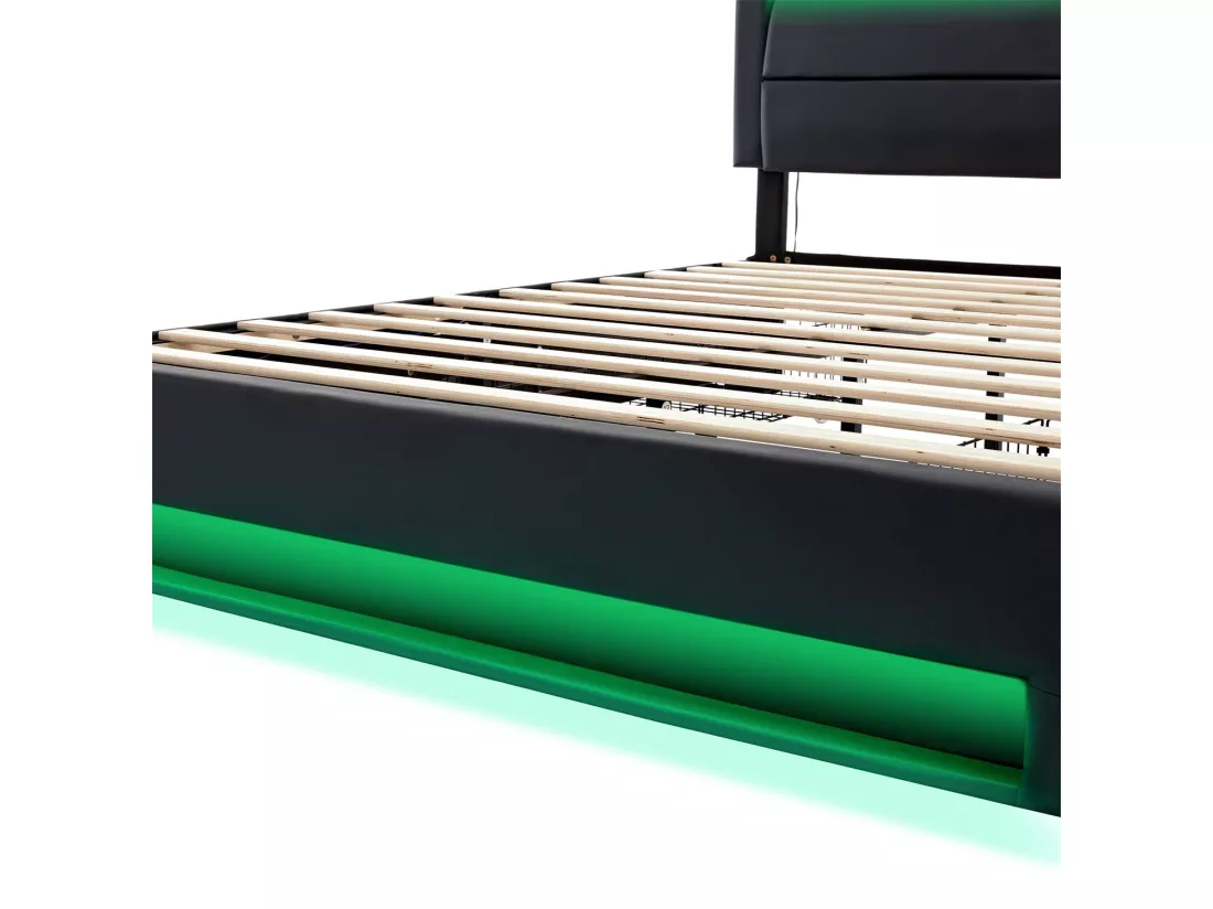 Lit rembourré 160x200 cm, avec port USB, éclairage LED, 4 tiroirs, sans matelas, PU, noir
