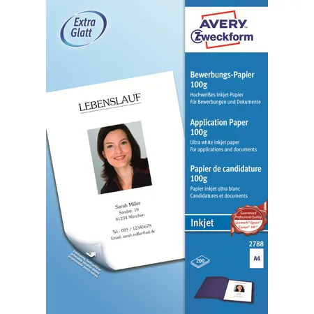 Avery Zweckform 2788 Inkjet Bewerbungspapier, DIN A4, beidseitig beschichtet, 100 g/m², 200 Blatt