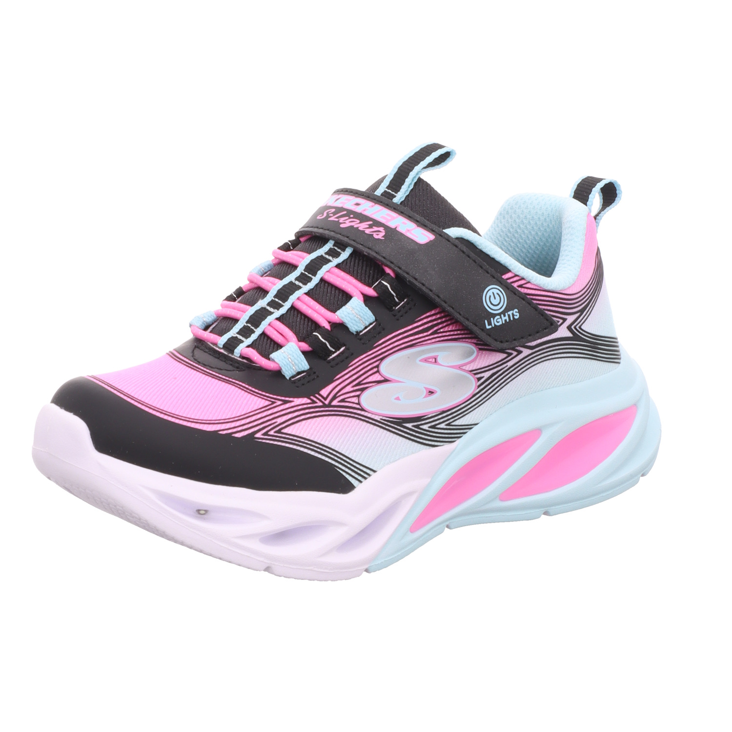 Skechers Kinder-Mädchen-Sneaker-Slipper-Klettschuh S-LIGHTS COSMIC GLOW Schwarz-Weiß-Pink-Mehrfarbig