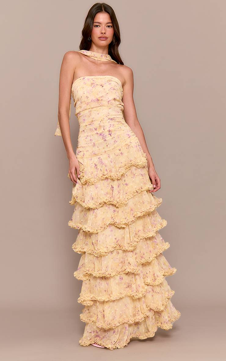 Jaune Robe Longue À Volants Étagés En Mousseline À Imprimé Fleuri Ditsy