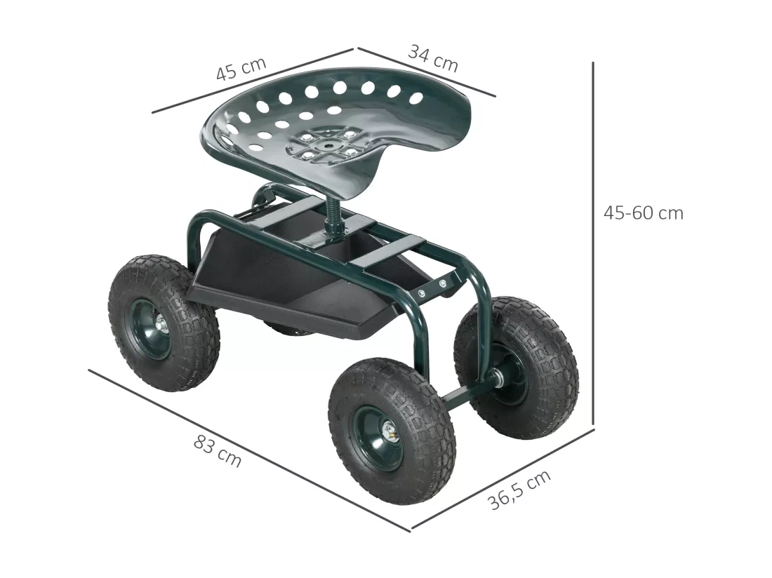 2 en 1 tabouret pivotant réglable chariot mobile de jardin charge max. 150 Kg rangement acier vert