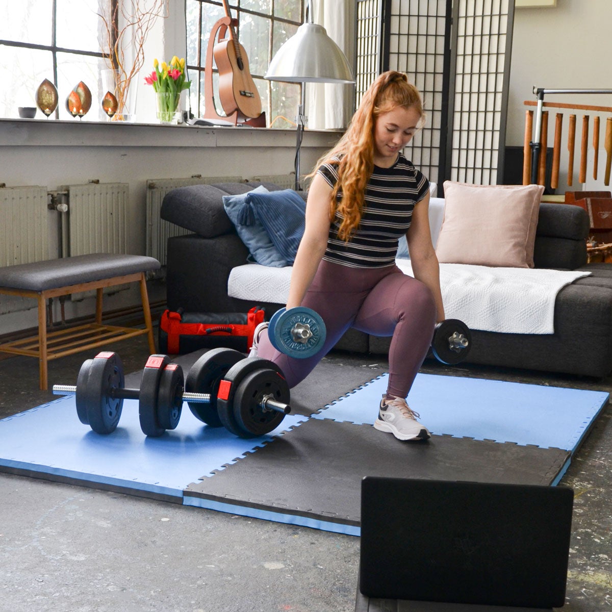 40mm trainingsmat met rand - 90x90cm vloerbeschermingsmat zwart blauw