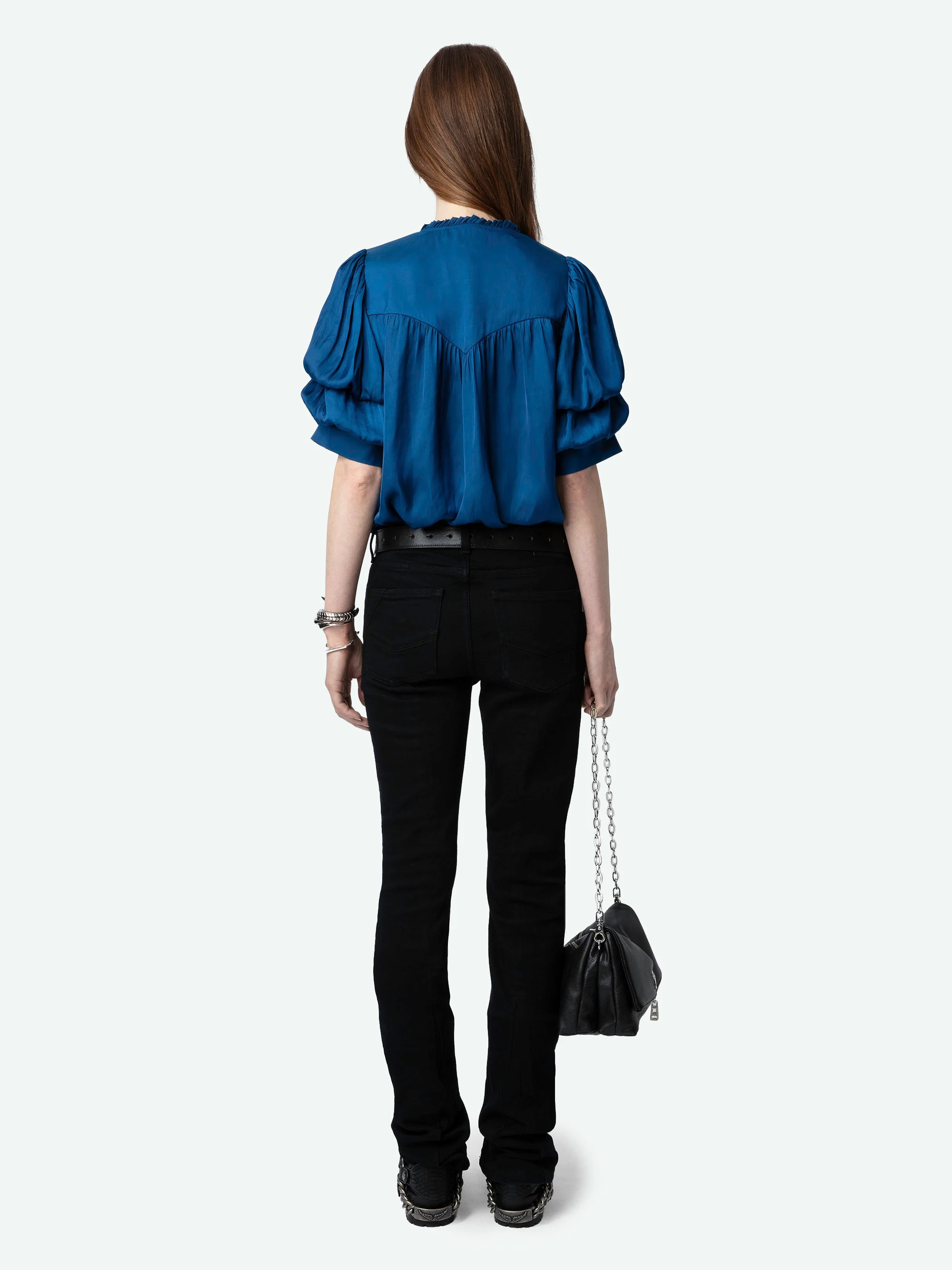 TASTE - Blouse droite col V en fibres recyclées mélangées | Bleu