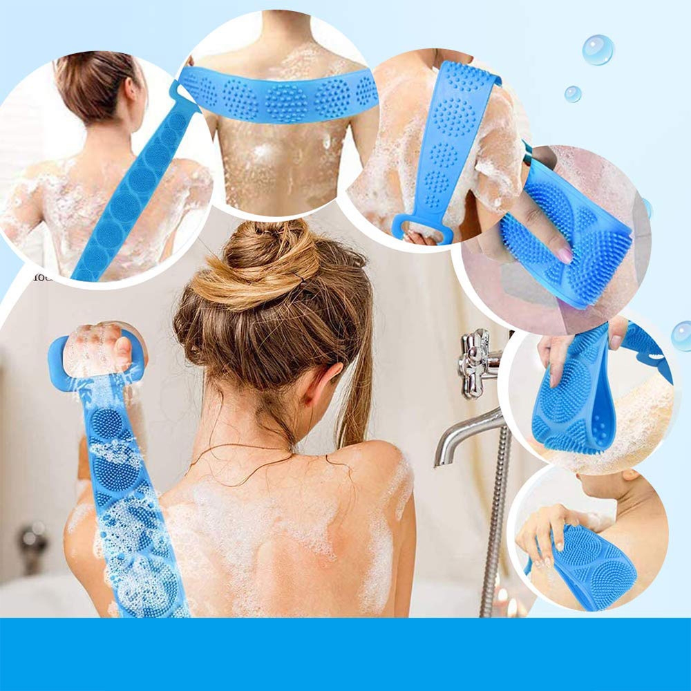 Doppelseitige Silikon Rückenbürste Badebürste Körperschrubber Peeling Tiefenreinigung (70cm) - Hellblau