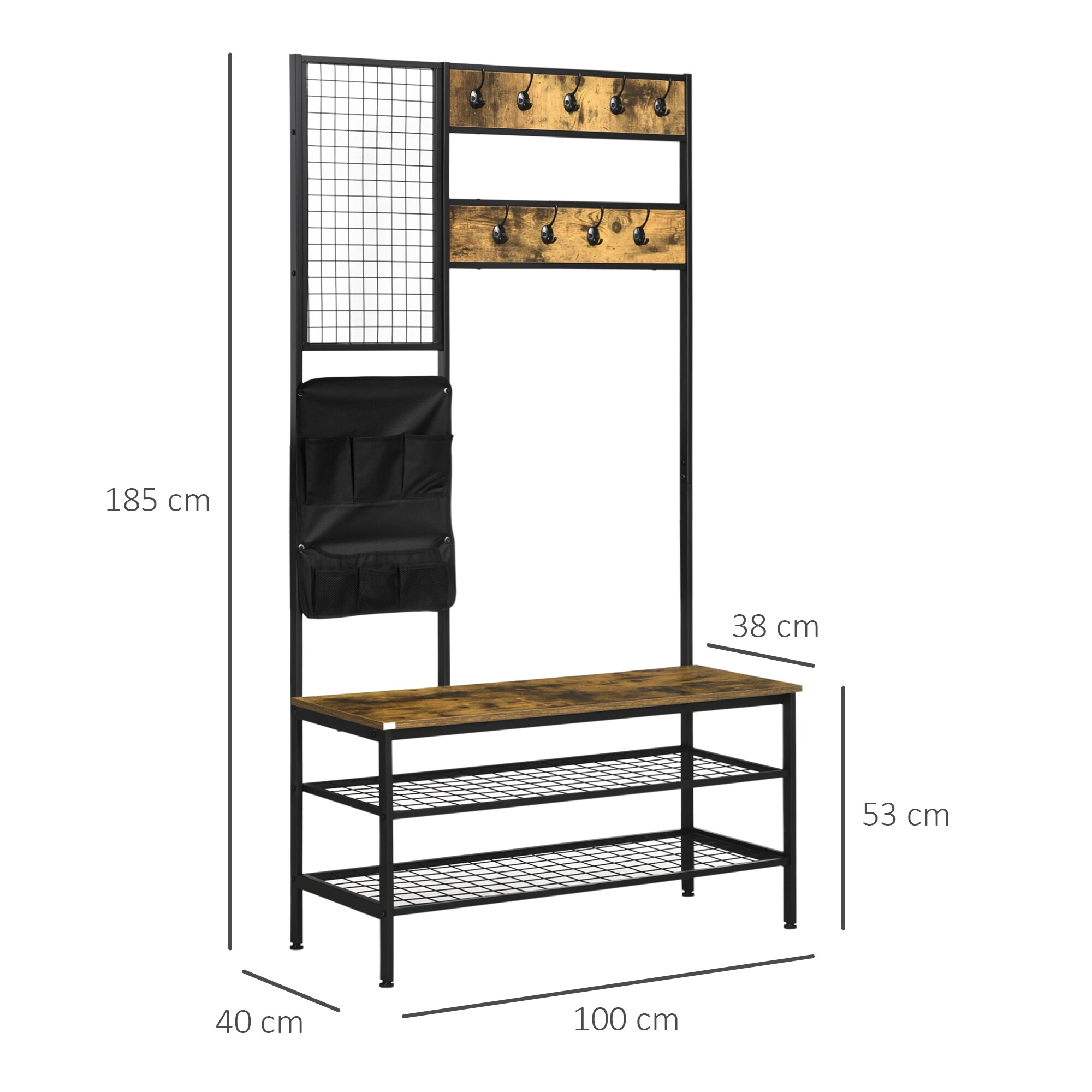 HOMCOM Garderobenständer mit Haken, Memoboard, Aufbewahrungstasche und Schuhregal braun 100L x 40B x 185H cm