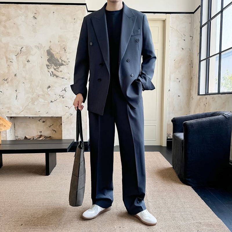 Orungeetun - Reverskraag Effen Dubbelrijs Blazer / Mid Rise Effen Wijde Broek