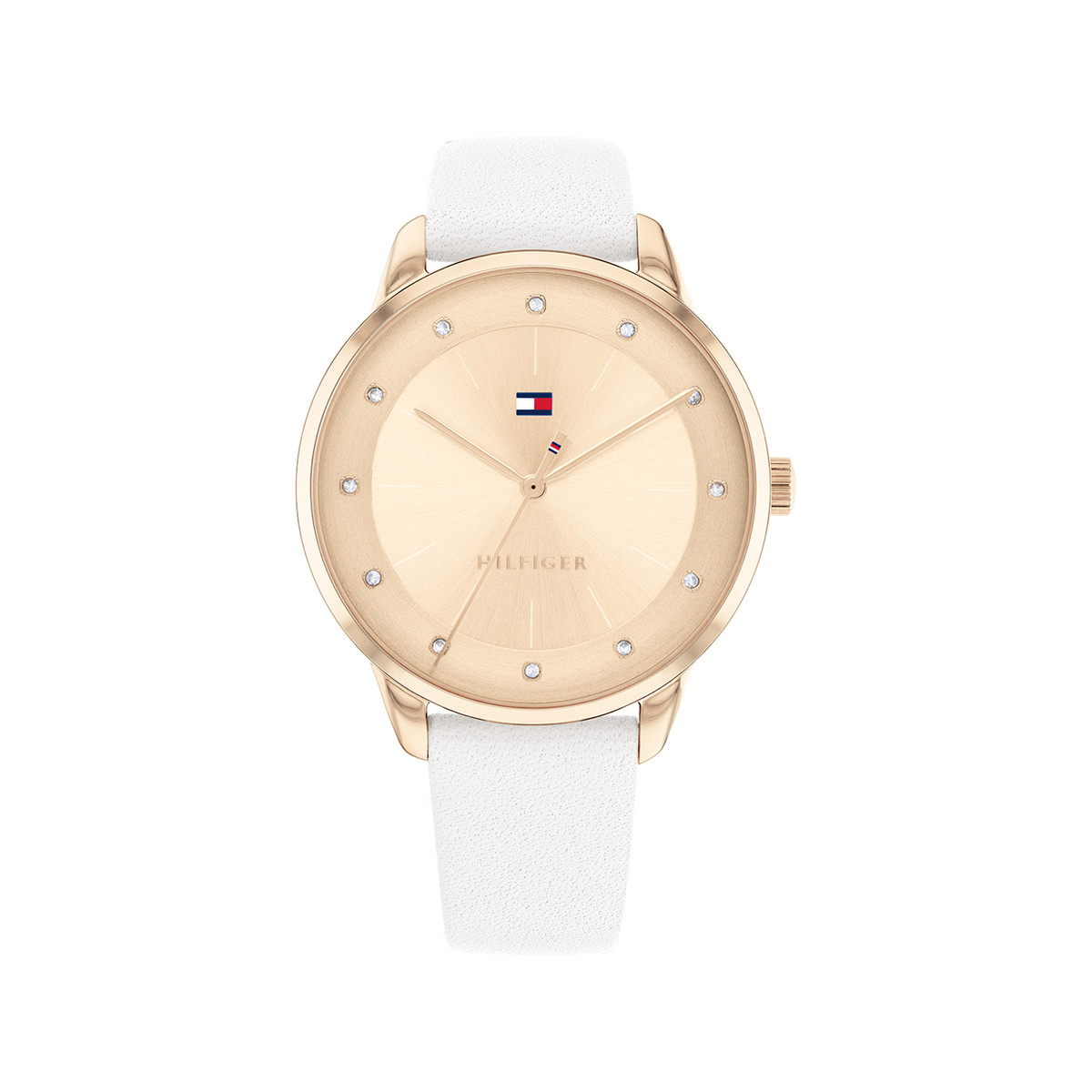 Montre TOMMY HILFIGER Paige femme acier doré rose bracelet cuir blanc