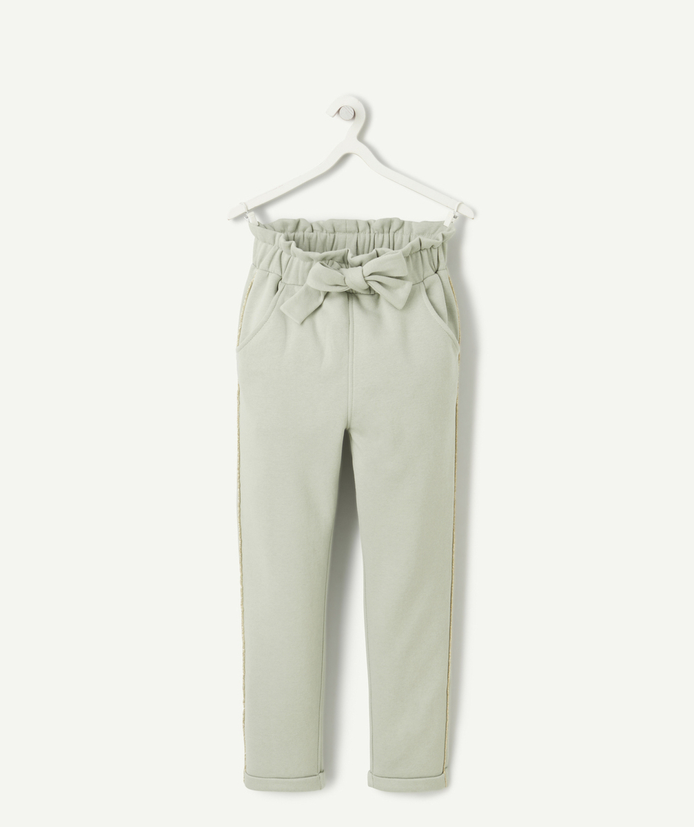 JOGGING FILLE EN FIBRES RECYCLÉES VERT AVEC NOEUD ET LISERÉS PAILLETÉS
